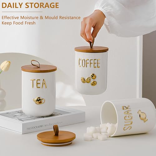 Ceramic Canister Set with Airtight Seal Bamboo Lid Silicone, 27oz Food Storage Jars for Coffee Sugar Tea, Container Set for Kitchen Pantry Counter Decor (Sugar) - view 6