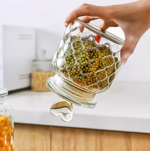 22 oz Clear Glass Canister with Cute Heart shaped Lids Set, Food Storage Glass Jars with Airtight Lids for Kitchen and Dining Room, Grid/Set of 2 - view 4