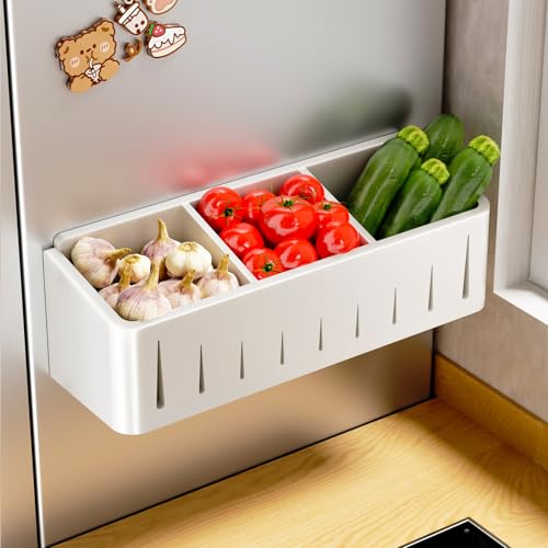 Magnetic 3‑Compartment Kitchen Storage Bin, Ventilated Fridge Organizer & Rack for Spices & Small Fresh Produce, No Drill Wall Mount Kitchen Condiment Storage Organizer