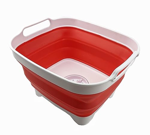 7.5L (2 gallons) Collapsible Plastic Dishpan with Draining Plug - Portable Washing Basin - Foldable Dish Washing Tub - Pop Up Saving (White/Coral Pink, 1)