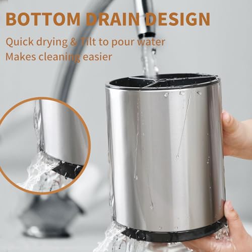 Extra Large Kitchen Utensil Holder, 360° Rotating Stainless Steel Cooking Utensil Holder for Countertop, 3 Compartment Flatware Organizer & Cooking Caddy with Removable Base（Silvery） - view 5