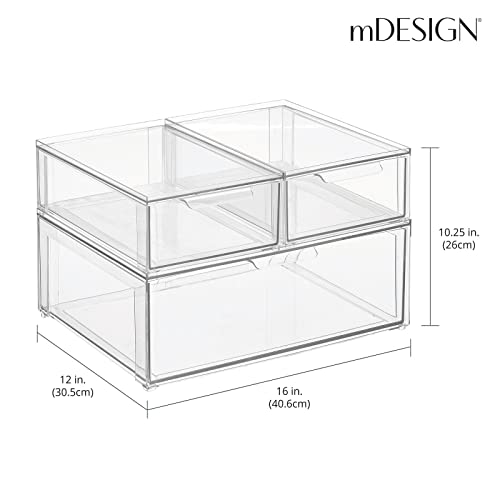 Plastic Stackable Bathroom Storage Organizer Bin Containers with Front Pull Drawer for Bathroom Countertop, Vanity, Closet Shelves - Holder for Accessories, Lumiere Collection, Set of 3, Clear - view 2