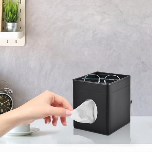 Tissue Box Cover Square Tissue Box Holder PU Leather Facial Tissues Organizer with Storage Tray for Bathroom Vanity Bedroom Office Car, Stylish Napkin Caddy Decorative Organizer (Black) - view 4