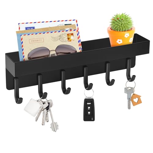 Key Holder Wall Mount, Adhesive Key Rack with Tray, 6 Hooks, Black
