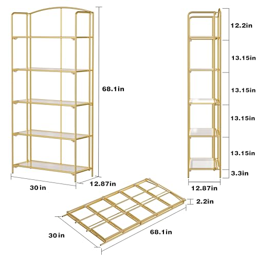 5-Tier Wider Foldable Bookshelf, Gold Frame & Transparent Shelves - view 3