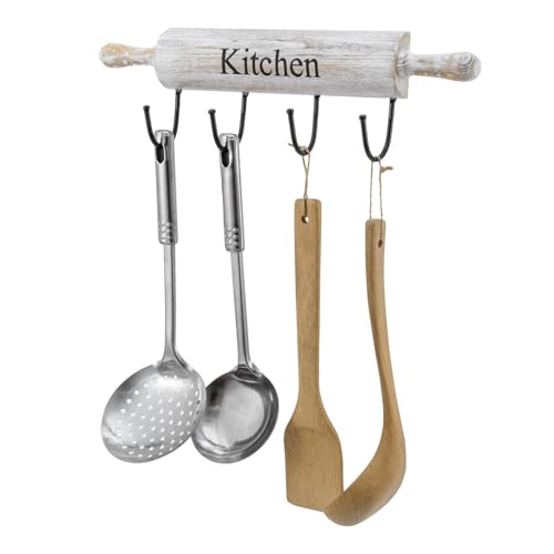 White Washed Wood Kitchen Utensil Rack with 4 Hooks, Wall Mounted
