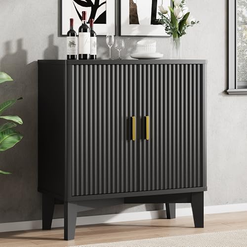 Fluted Sideboard Buffet Cabinet, 30" Wood Coffee Bar Cabinet, Black