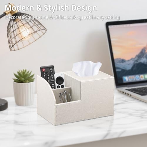 Square Tissue Box Cover with Storage, PU Leather Facial Cube Tissue Holder.TV Remote Control Holder, Desk Accessories Nightstand Organizer, Modern Table Caddy for Bathroom, Bedroom, Home, Office Decor - view 5