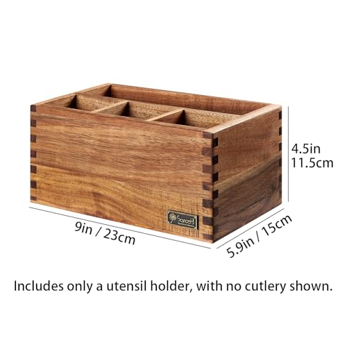Acacia Wood Utensil Holder, Paper Plate Dispenser Organizer for Countertop - 4 Compartment Silverware Caddy for Friendsgiving Party - Cutlery Holder for Cup, Fork, Spoon, Kitchen, Camping - view 2