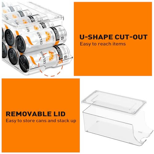 2 Pack Skinny Can Organizer for Refrigerator, Stackable Tall Skinny Soda Pop Can Holder Dispenser with Lid for Fridge Pantry Rack Freezer, Clear Plastic Storage Bins-Holds 12 Slim Cans Each - view 4