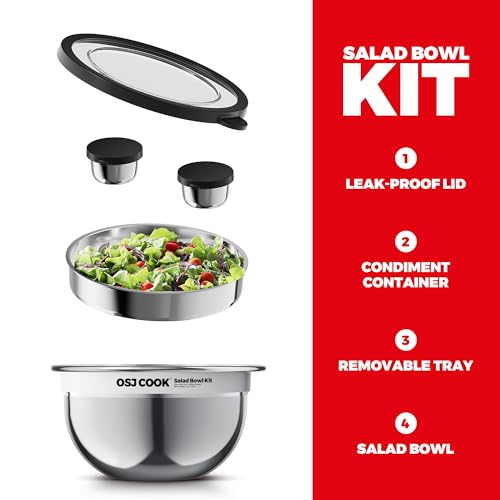 18/8 Stainless Steel Salad Bowl Kit - 74oz, Mixing Bowls with Lids Set, Teakwood - Comes with 1.7oz Condiment Container and Removable Tray for Organization - Leak-Proof, Dishwasher Safe (Silver) - view 2