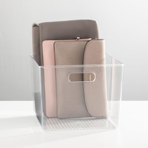 Small Modern Plastic Storage Organizer Bin Basket with Handles for Home Closet Organization - Shelf, Cubby, Cabinet, and Cupboard Organizing Decor - Ligne Collection - 2 Pack - Clear - view 3