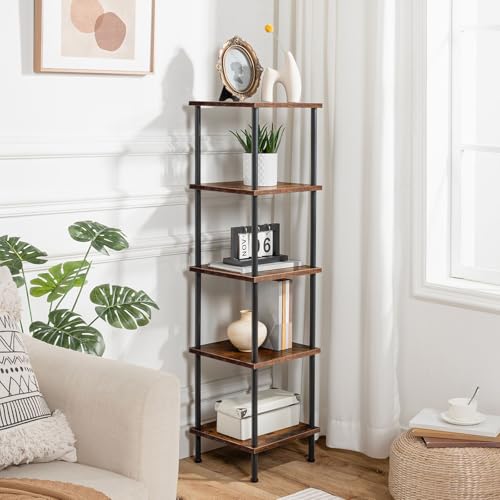 5-Tier Corner Shelf Stand, Corner Square Rack Display Shelf, Tall Storage Plant Stand, Bookcase for Small Spaces, Living Room, Home Office, Kitchen, Rustic Brown and Black BF50CJ01 - view 5