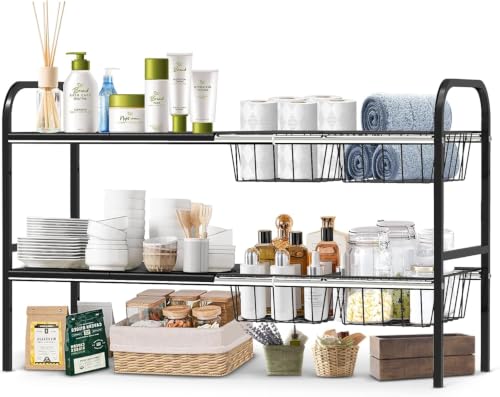 Expandable 2 Tier Under Sink Organizer with 4 Baskets, 17.32"-30.31" Width