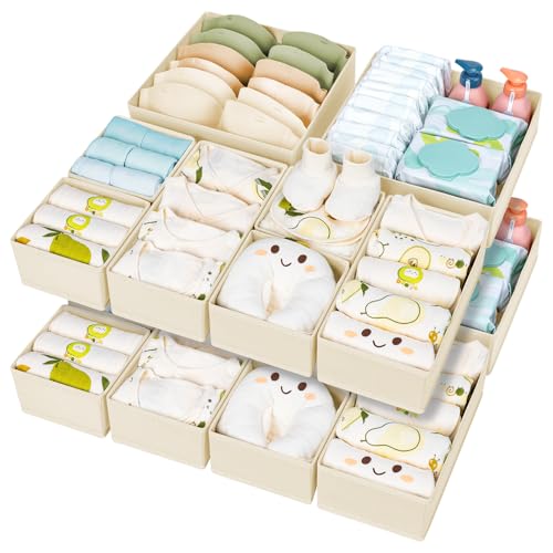 Drawer Organizer Clothes 15 Pack - Foldable Baby Organizers and Storage & Closet Organizers for Bedroom, Closet - Nursery Organization Dresser Dividers for underwear, Sock,Bra, Belt, Tie, Beige