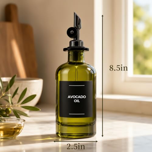 Glass Olive Oil Dispenser Set of 4, 350ml/11.8oz UV-Protected Green Bottles Self-Closing Pourer, Includes 50 Labels, Funnel & Aligner, Oil & Vinegar Dispenser for Kitchen Cooking - view 3