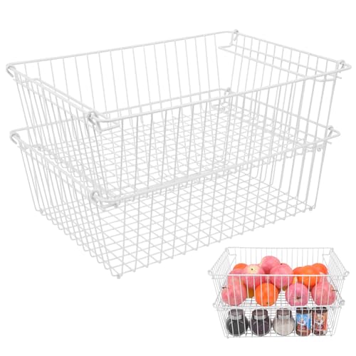 Set of 2 Stackable XXL Wire Baskets For Pantry Storage and Organization -16x12in Large Metal Food Baskets -Vegetable,Fruit,Potato,Onio, Pantry Storage Bins With Handles (White, XXL)