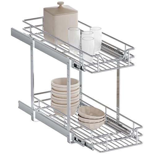 2-Tier Pull Out Cabinet Organizer, 10.5" W x 18" D, Heavy Duty Dual Slide Out Shelves for Narrow Base Cabinets, Chrome Wire Basket Drawer for Spices, Bottles & Snacks