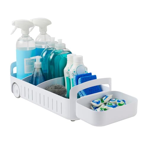 RollOut Caddy Rolling Storage Bin with 2 Adjustable Dividers and Removable Basket for Kitchen and Bathroom Under Sink Organization, 8" Wide