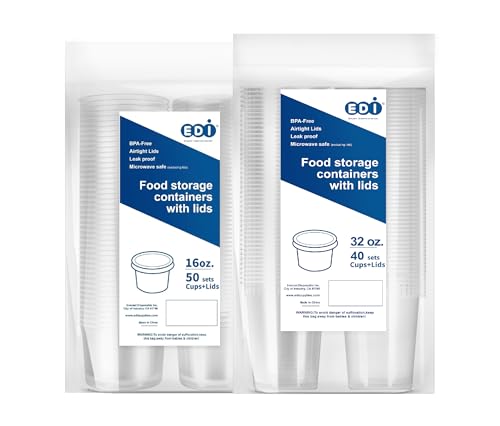 [16 OZ, 50 Sets and 32 OZ, 40 Sets Plastic Deli Food Storage Containers with Airtight Lids Bundle