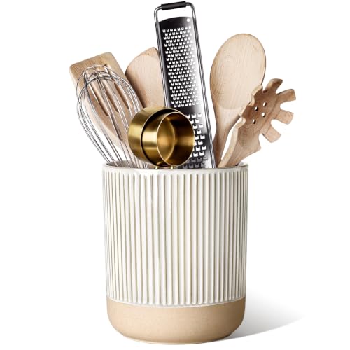 Ceramic Utensil Holder for Counter, 6.9" Kitchen Crock,Cream Beige
