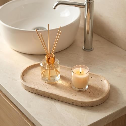 Beige Travertine Vanity Tray | Natural Stone Bathroom Organizer | Perfume & Jewelry Storage for Spa, Bedroom, Kitchen | Non-Slip Waterproof Design,9.8"x4.7"x0.6" - view 6