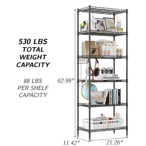 6-Tier Storage Shelf Wire Shelving Unit Free Standing Rack Organization Adjustable Leveling Feet, Stainless Side Hooks, Black - view 3