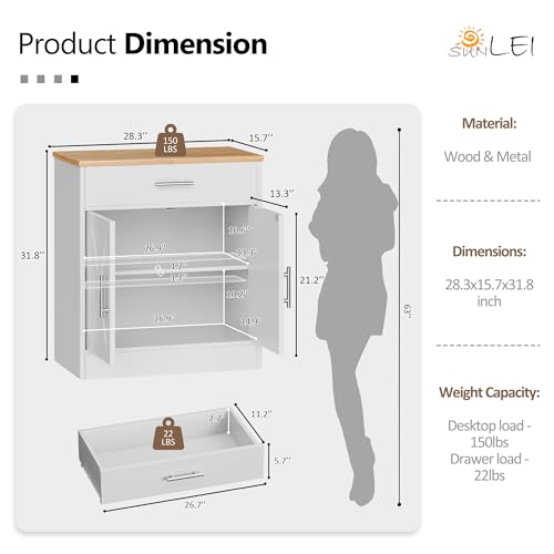 Coffee Bar Cabinet, Wooden Storage Cabinet with 2 Doors and 1 Drawers, Adjustable Shelf, Modern Farmhouse Kitchen Buffet Sideboard Cabinet with Storage for Kitchen, White&Yellow - view 2