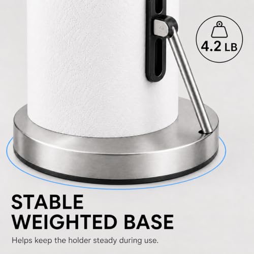 Paper Towel Holder with Spray Pump, All-in-One Countertop Paper Towel Stand with Refillable Bottle, One-Handed Tear Kitchen Roll Holder, Weighted Base, Brushed Stainless Steel(Chrome) - view 5