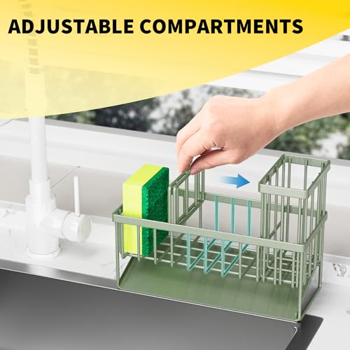 Kitchen Sink Caddy, Sponge Holder for Kitchen Sink, Kitchen Sink Organzier and Storage with High Brush Holder, 304 Stainless Gadgets Sink Accessories, Organizadores de Cocina Sage Green - view 5
