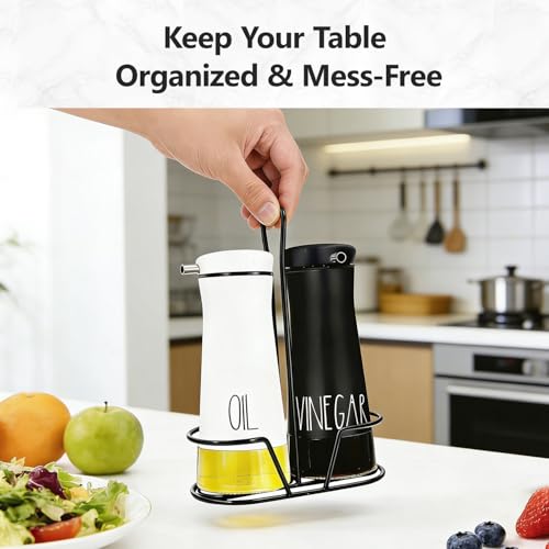 Oil And Vinegar Dispenser Set with Caddy - 2 Pack Oil Dispenser Bottles for Kitchen with No-Drip - Kitchen Decor and Accessories for Home Restaurants Weddings, Black & White - view 2
