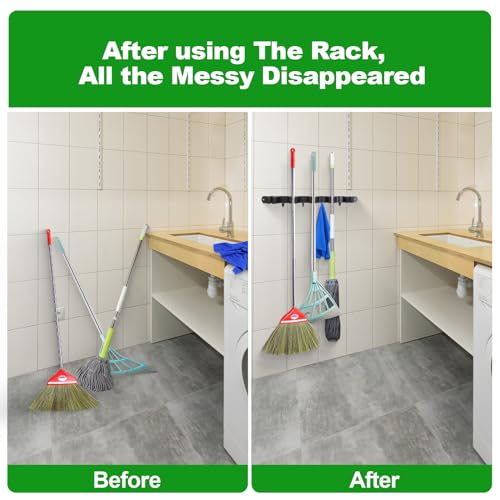 3 Racks and 4 Hooks Mop and Broom Holder Wall Mount, Self Adhesive Heavy Duty Broom Organizer Storage Tool Racks for Kitchen Garden Laundry Garage - view 3