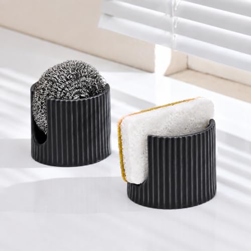 Ceramic Sponge Holder for Kitchen Sink, Quick Dry Sink Caddy Organizer with Non-Slip Base, Farmhouse Sponge and Brush Holder for Countertop, Bathroom or Kitchen, Black - view 2
