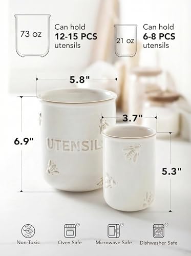 Kitchen Utensil Holder Set of 2 - 6.9"+5.3" Large Ceramic Cooking Utensil Crock & Organizer for Spatula, Spoon, Whisk - Farmhouse Countertop Storage, Arctic White, Embossed, Bee - view 5