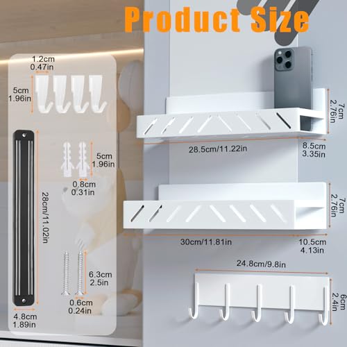 Magnetic Spice Rack for Refrigerator,4 Pack Metal Magnetic Shelf White with Hooks,Magnetic Knife Rack & 4 Hooks,Heavy Duty Space Saving Storage for Spices,Hollowed-out - view 6