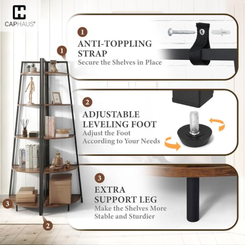 5-Tier Corner Shelf Stand, Tall Display Shelves, Ladder Corner Wood Storage Plant Bookshelf with Metal Frame, Versatile Shelving Unit Bookcase for Home Office Space, Rustic Oak - view 5