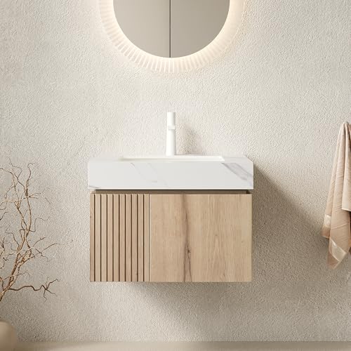 24" Floating Bathroom Vanity with Sink, Plywood Frame, Light Oak