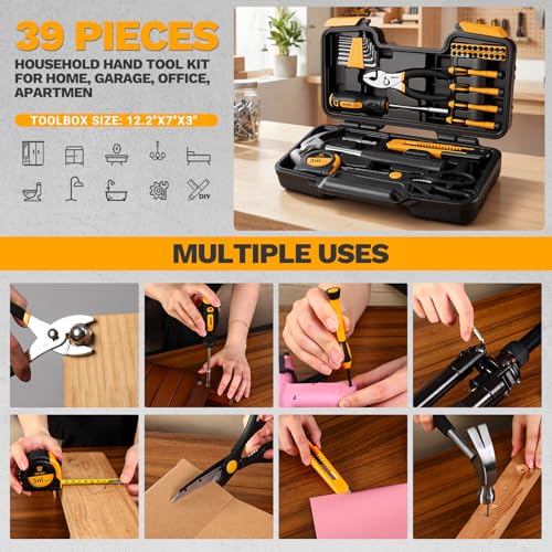 39-Piece Household Tool Kit for Women, Basic Hand Tool Set with Plastic Toolbox Storage Case, Small Starter Tool Box Set for Home Repairs, DIY Projects, Crafts and Dorm Essentials - Orange - view 6