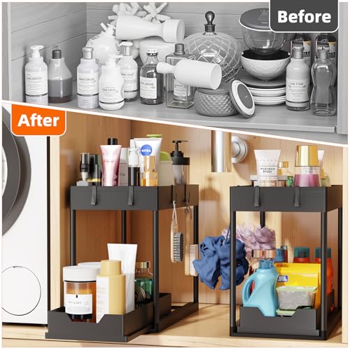 Under Sink Organizer 2 Pack, Sink Pull-Out Sliding Storage Cabinet, 2-Tier Under Shelf Organizer for Kitchen Bathroom, Black - view 3