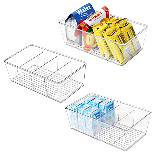 Pantry Organization, 3 Pack Clear Organizer Bins with Removable Dividers for Pantry, Kitchen, Fridge, Cabinet, Stackable Storage Bins for Snack, Pouches, Spice Packets