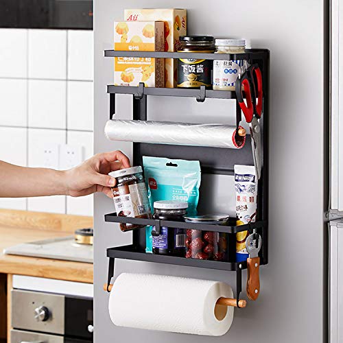 Magnetic Spice Rack,4 Tier Kitchen Magnetic Shelf for Refrigerator Fridge Organizer with 2 Paper Towel Holders and 5 Removable Hooks,Matte Black - view 2