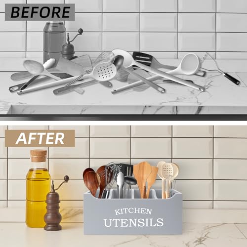 Kitchen Utensil Holder with Drainage Bottom, Extra Large 4 Compartments Solid Real Wood Utensil Organizer for Kitchen Counter, Farmhouse Cooking Tools Storage for Countertop, Grey - view 5