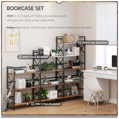 5 Tiers No Assembly Book Shelves, 51.2" H Folding Bookshelf Bookcase Open Industrial Foldable Shelves for Bedroom, Living Room, Home Office - Rustic Brown Black - view 5