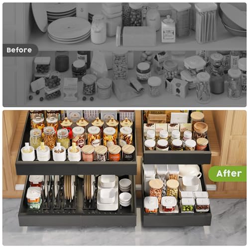 4Pack Expandable Pull Out Cabinet Organizer 21"Deep With Raising Pad for Framed Cabinets,Slide Out Drawers with 4pcs Divider Racks,Roll Out Shelves Adhesive,Adjustable Width 12.05"-20.4"Black - view 6