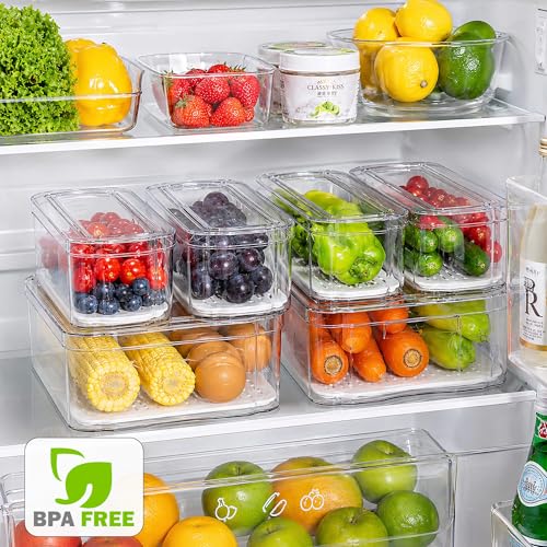 10 Pack Clear Fridge Organizer Bins with Drain Trays - Stackable - view 3
