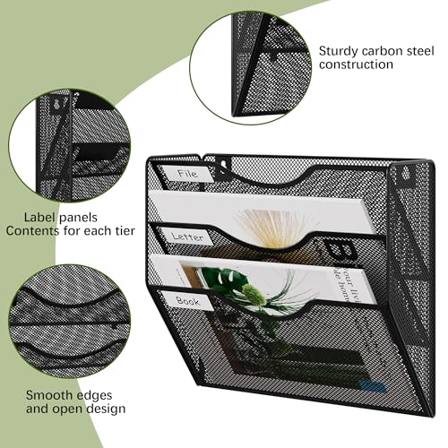 3 Pocket Mesh Wall File Organizer, Hanging Paper Folder Holder with Classify Label, Vertical Wall Mount Mail Organizer for Office Home Classroom, Black - view 3