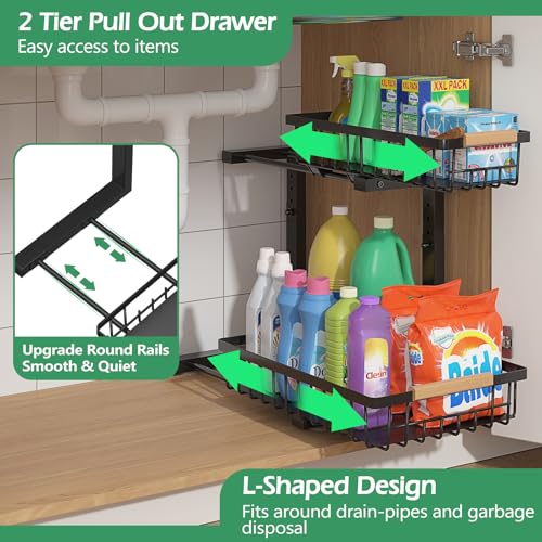 Under Sink Organizer 2 Packs, Pull Out Kitchen Sink Organizer, 2 Tier Slide Out Kitchen Organizers and Storage Bathroom Under Cabinet Storage Shelf, Black - view 2