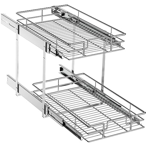 Pull Out Cabinet Organizer (11" W x 18" D),2 Tier Pull Out Storage Shelf Drawer Basket,Sliding Shelves for Base Cabinet Organization in Kitchen, Bathroom, Pantry