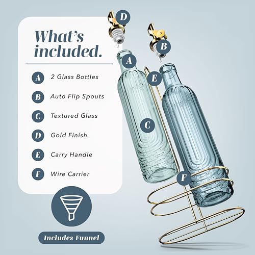 Glass Olive Oil Bottle Dispenser - 2 Pack- 17oz Oil and Vinegar Cruet - Olive Oil Carafe Decanter for Kitchen, Elegant Fluted, Blue - view 2