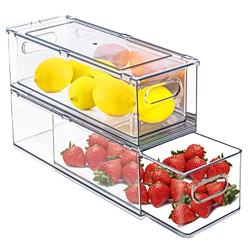 Refrigerator Organizers and Storage, 2 Pack BPA-Free Sturdy Stackable Clear Pull out Drawer Organizer Bins, Fridge Organizers and Storage for Fruit, Produce, Drink, Snack and Food Storage Containers
